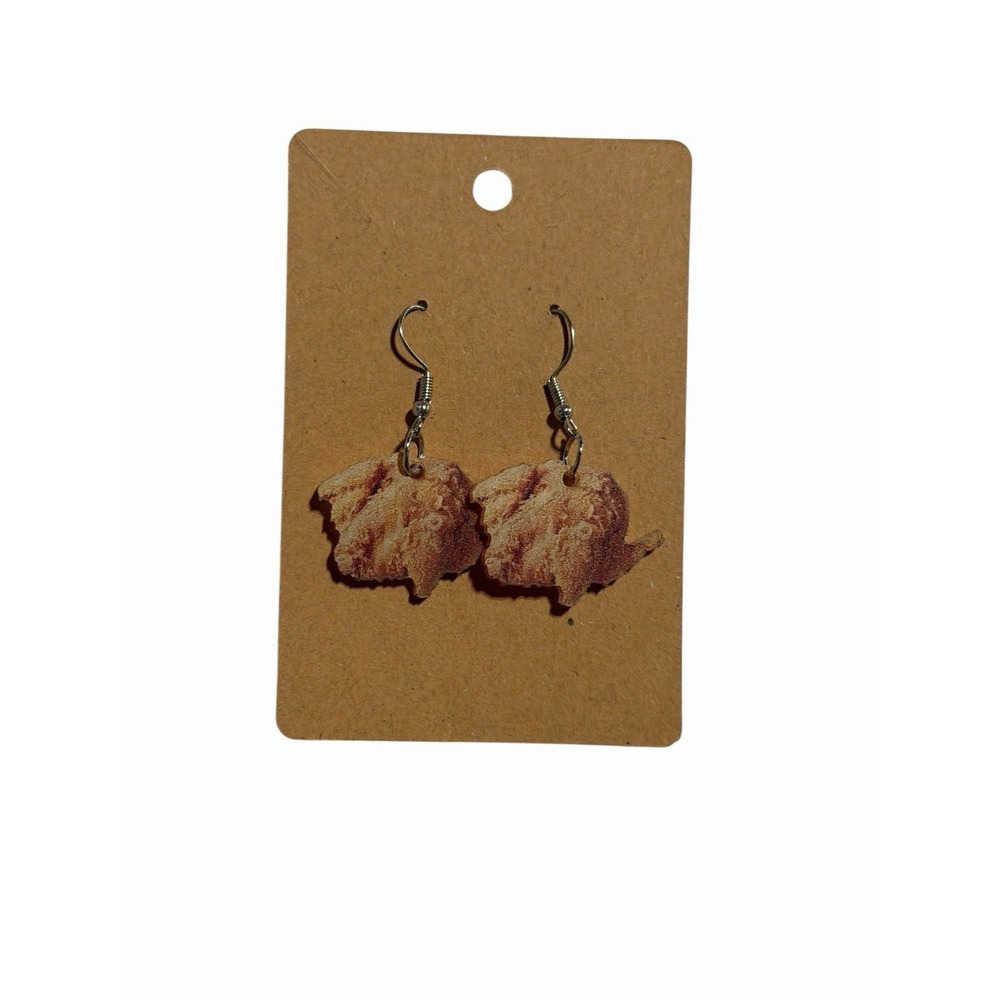 Fried Chicken Nugget‎ Dangle Earrings Novelty Food Jewelry Brown Silver Tone